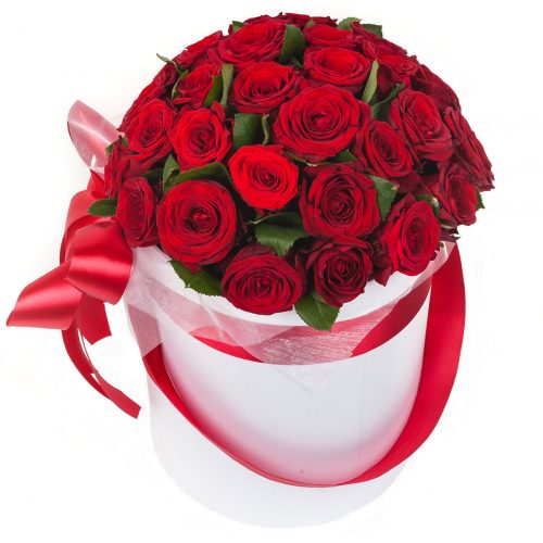 Цветы в шляпной коробке «Алый закат»